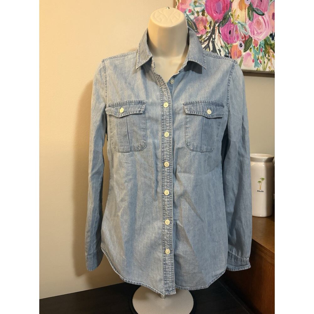 Per Se Women’s Chambray Button Down Shirt Small Light Wash Denim Long Sleeve - Picture 2 of 9